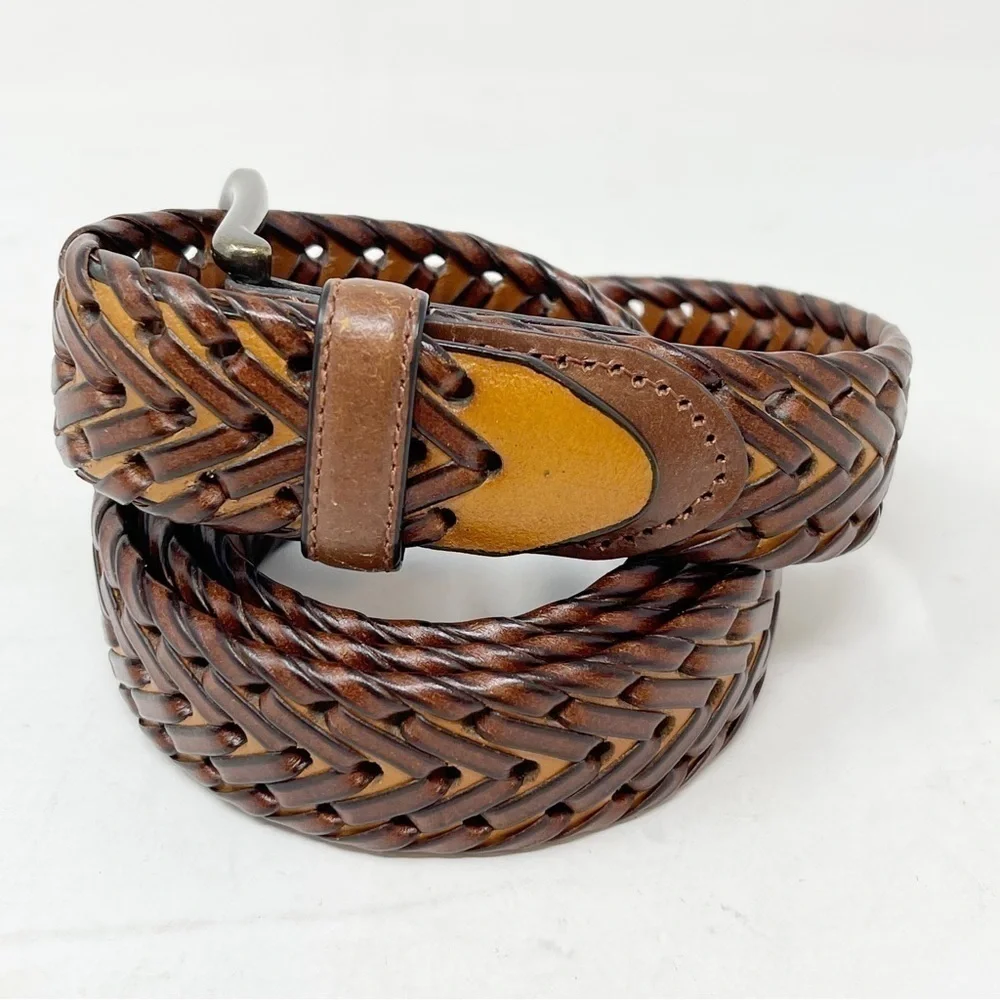 TOMMY HILFIGER Men’s Fully Adjustable Braided Belt Brown Woven Vegan Leather 42